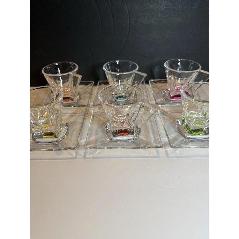 RCR Fusion Italian Crystal Espresso Cups & Square Saucers Set of 6 Italy